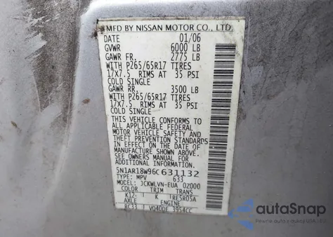 2006 Nissan Pathfinder Le z USA, uszkodzony, nr VIN 5N1AR18W96C631132